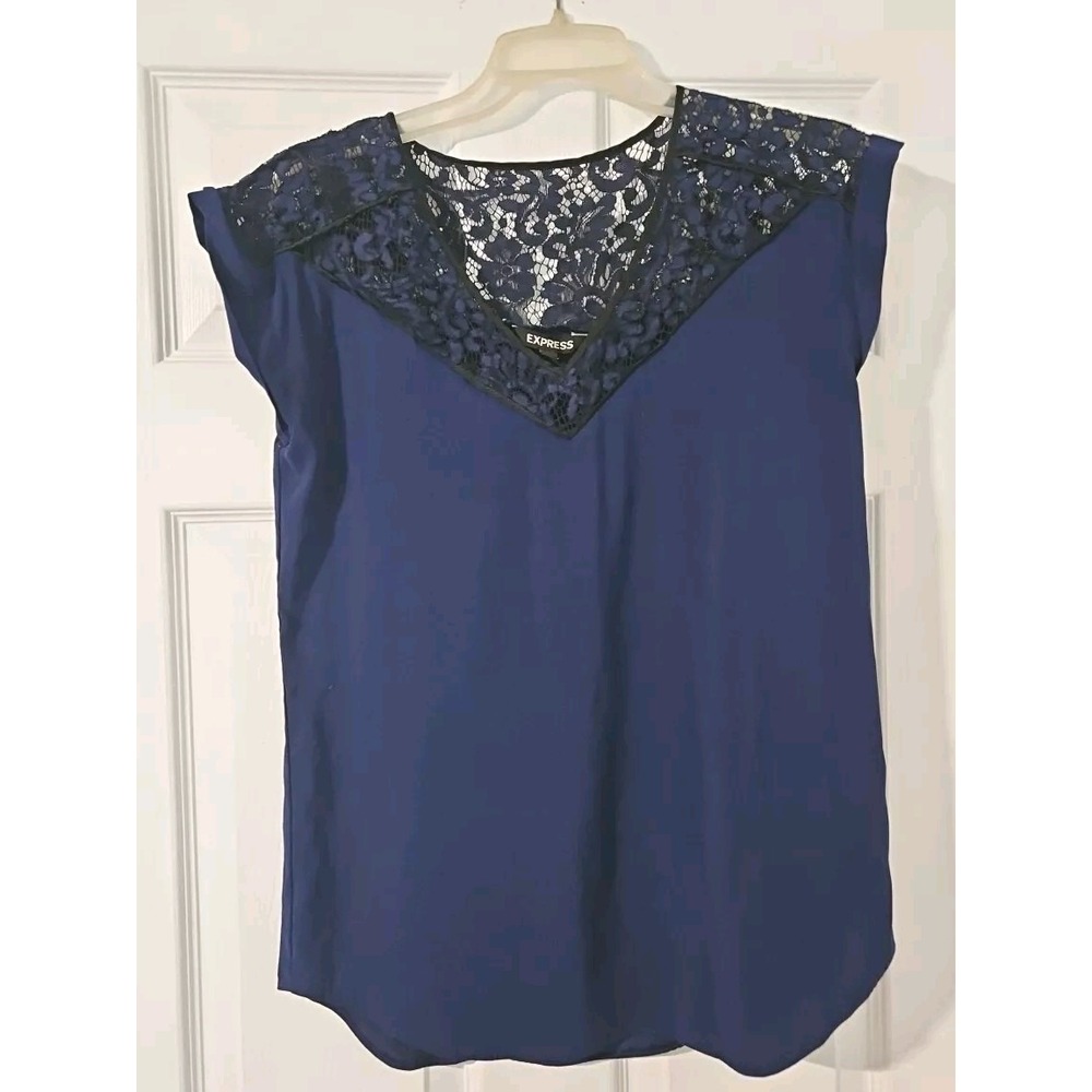 New Silky Medium 36x27 Express Blue & Black Lace Roll Sleeve Dressy Blouse Top